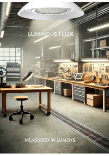 Apparecchio a LED montato sul soffitto e che illumina uno spazio di lavoro.