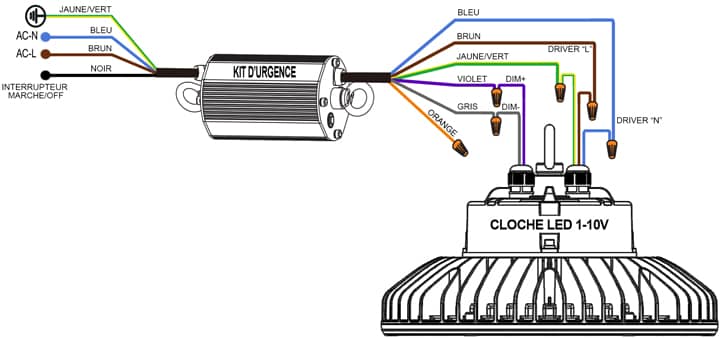 Schéma de raccordement du kit de secours avec luminaire à LED 1-10V dimmable